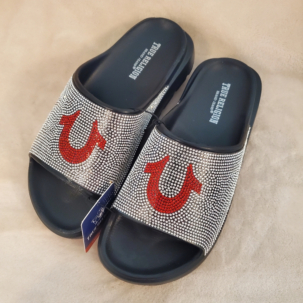 True Religion Black and Silver Slide Sandals